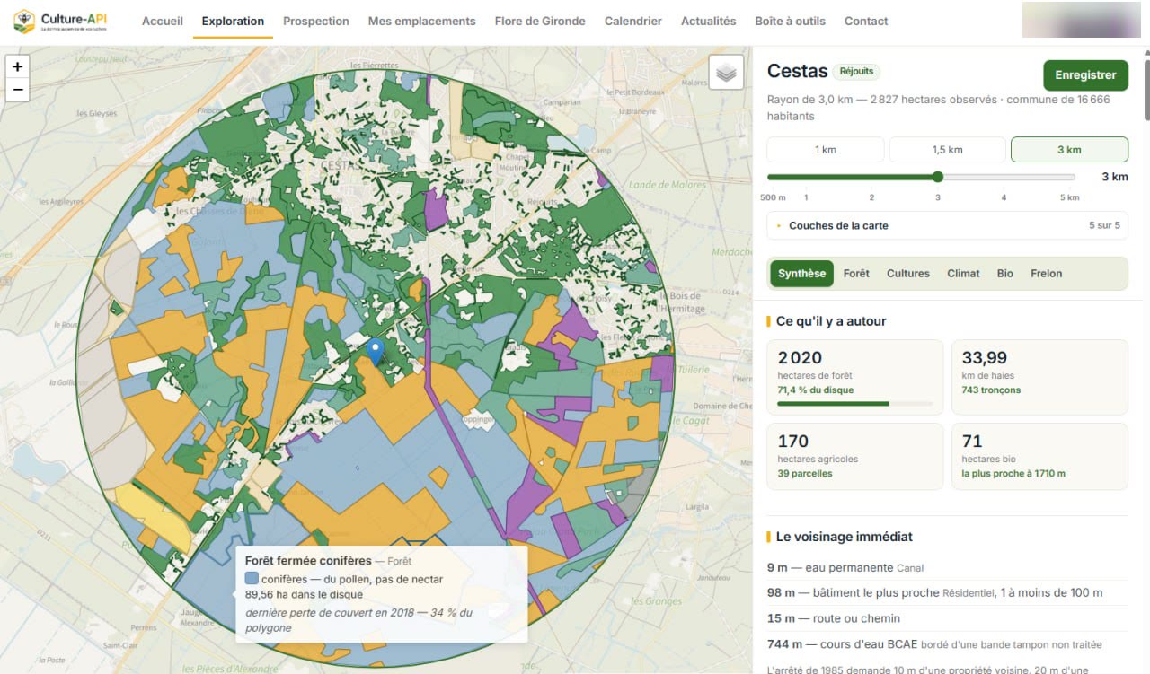 Culture-API : l’analyse d’un emplacement dans un rayon de 3 km — forêt, cultures, haies et voisinage immédiat